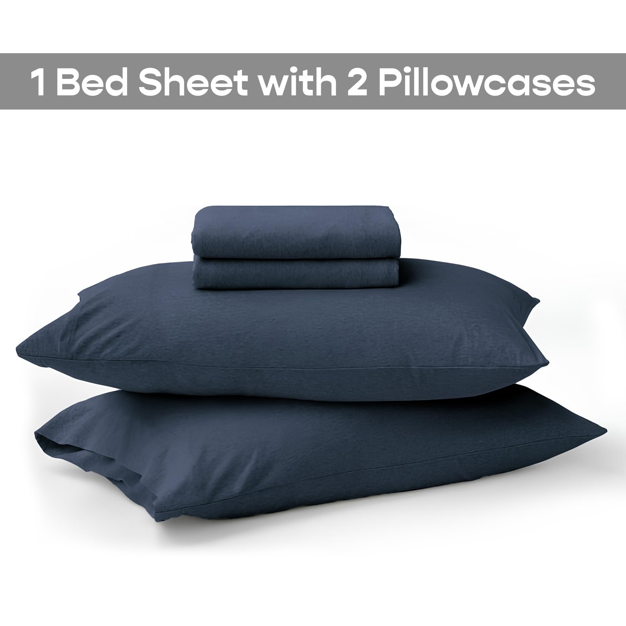 SleepyCat Jersey Fitted Sheet with 2 Complimentary Standard Pillow Cases | Knitted Jersey Fabric | Wrinkle and Iron Free Fitted Sheet Solid Set, Midnight Blue (Queen Size, 78x60), 140 TC 1