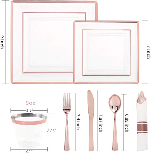 Miniatura 2 de WELLIFE 150 platos cuadrados de plástico de oro rosa, vajilla desechable de oro rosa incluye 50 platos, 25 tazas, 25 cuchillos, 25 tenedores, 25