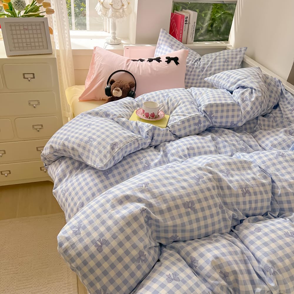 Covebett Blue Bow Duvet Cover Double Gingham Plaid Checkered Bows Print Kawaii Bedding Set Girls Cute Bow Tie Microfiber Comforter Cover 200x200 cm with Zipper Closure and 2 Pillowcases 50x75cm โ image 1
