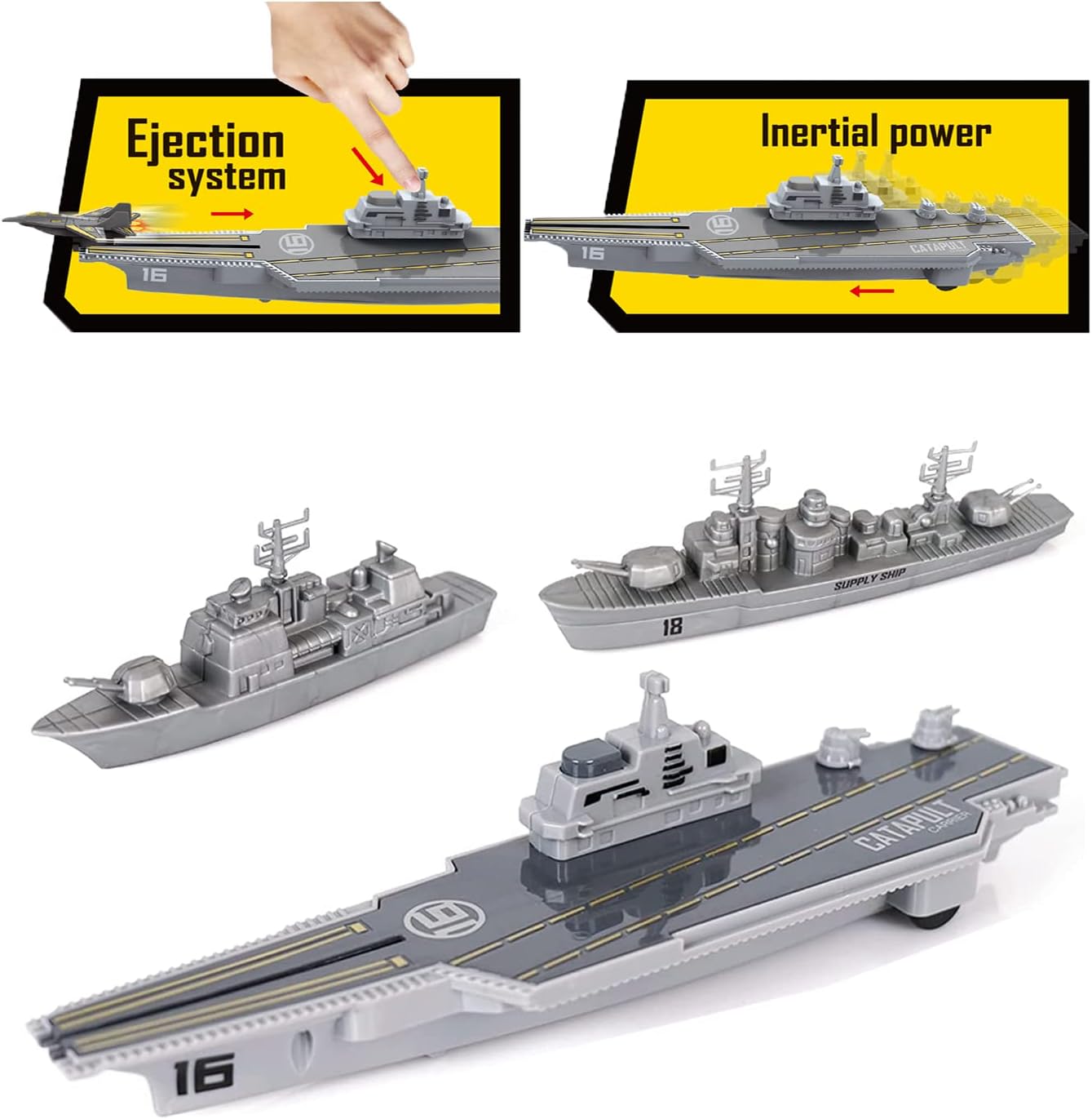 WASK Army Toys for Boys - Launching Military Aircraft Carrier Toys Set Military Naval Ship with Battleship, Supply Ship, Fighter Jets, Aircraft Carrier Model Kit Cool Toys for Boys Girls