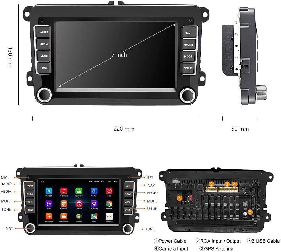 Diagram showing the dimensions of the CAMECHO car stereo unit: 220mm width, 130mm height, and 50mm depth.