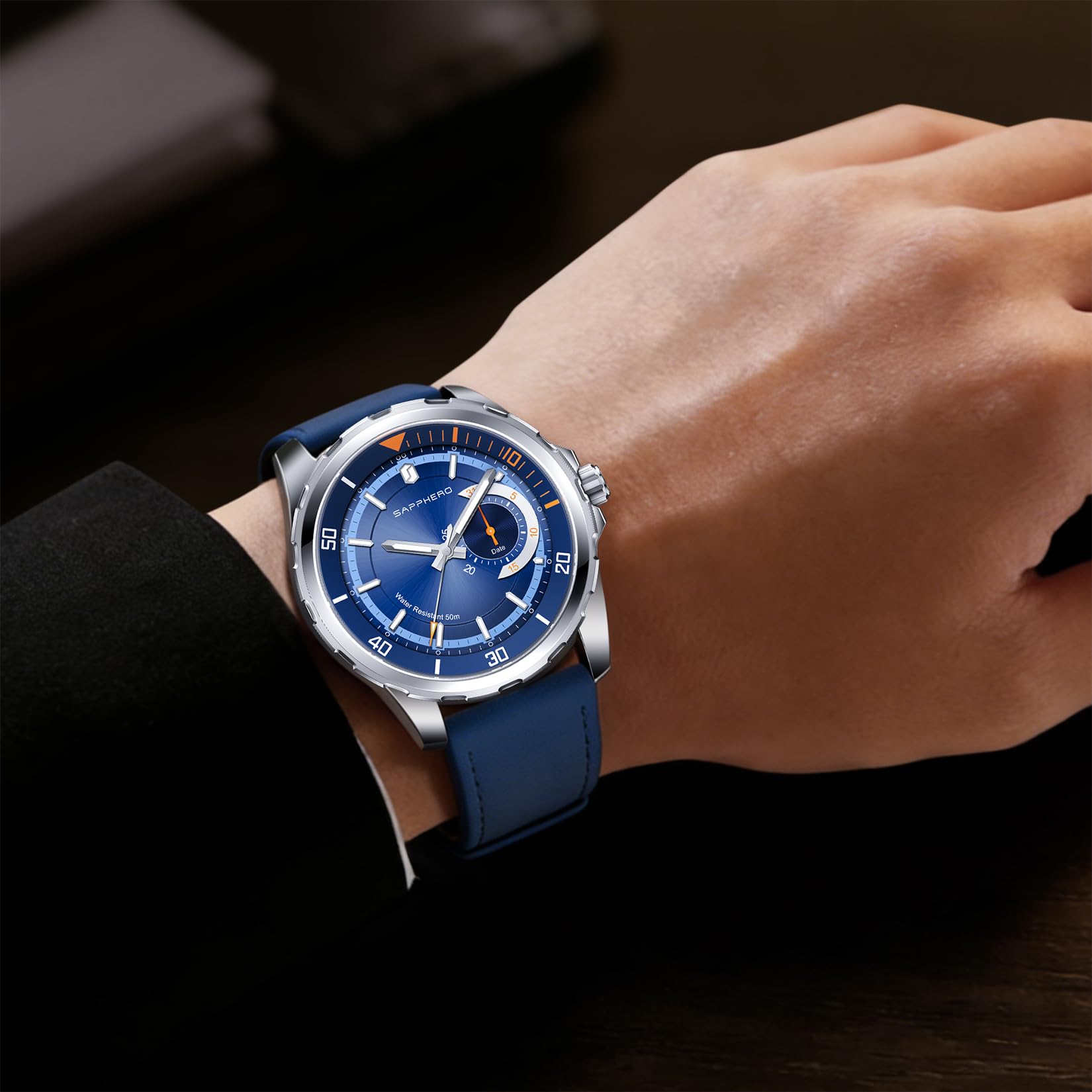 SAPPHERO Herren Analog Quarz Uhr mit Datum & arabischen Ziffern, 50 m wasserfest, Leuchtend, Business-Sport Design, Edelstahl- & Lederarmband, Geschenk für Männer