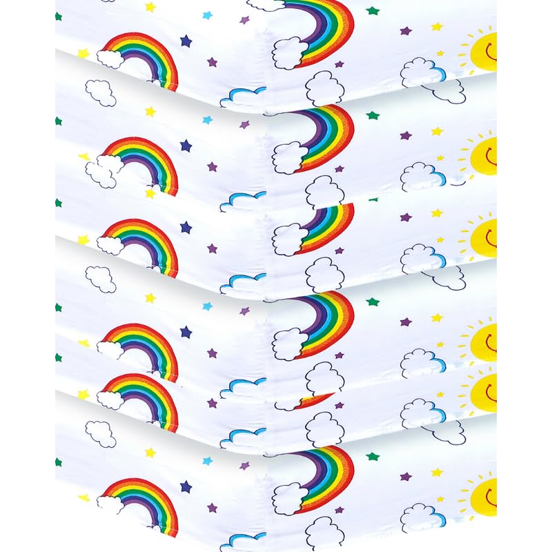 6 x Cot Bed Fitted Sheets, 70 x 140 cm Easy Care Fine Quality Breathable Polycotton Cot Sheet(Baby Rainbow-70 x 140cm)