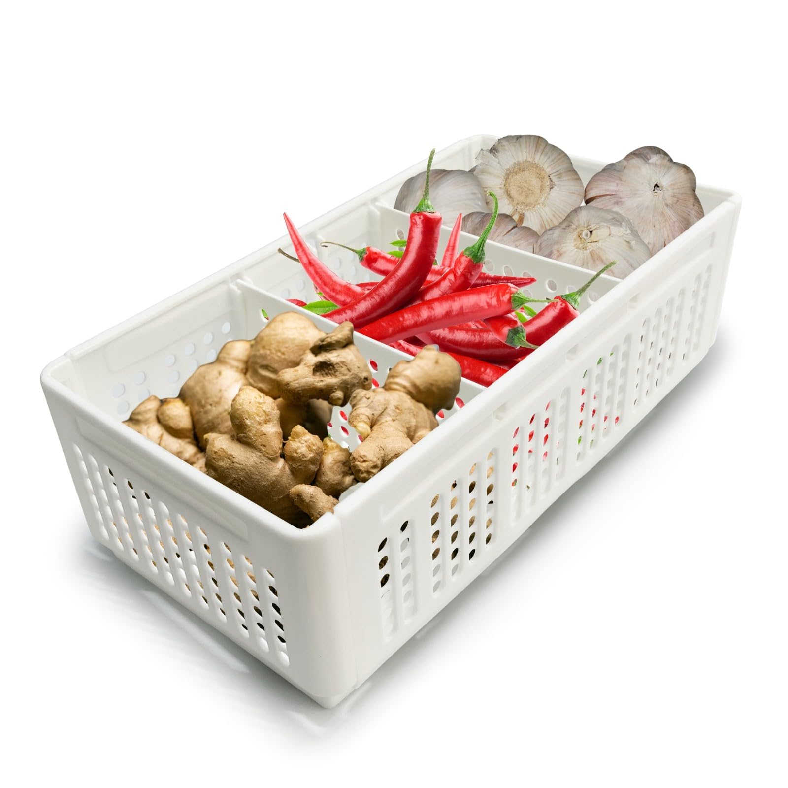 – Food Storage Organizer Bins with 2 Dividers, Foldable Plastic Produce Saver Containers for Fridge, Pantry, Kitchen, Cabinets, Packets and Spice Packets, Snack Storage Boxes, Stackable White Container