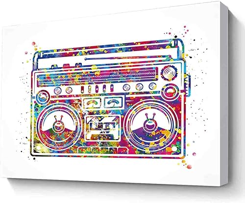Arte folclórico, acuarela, impresión de acuarela, reproductor de cassette retro, radio, arte de pared, póster de hip hop, decoración vintage, regalo