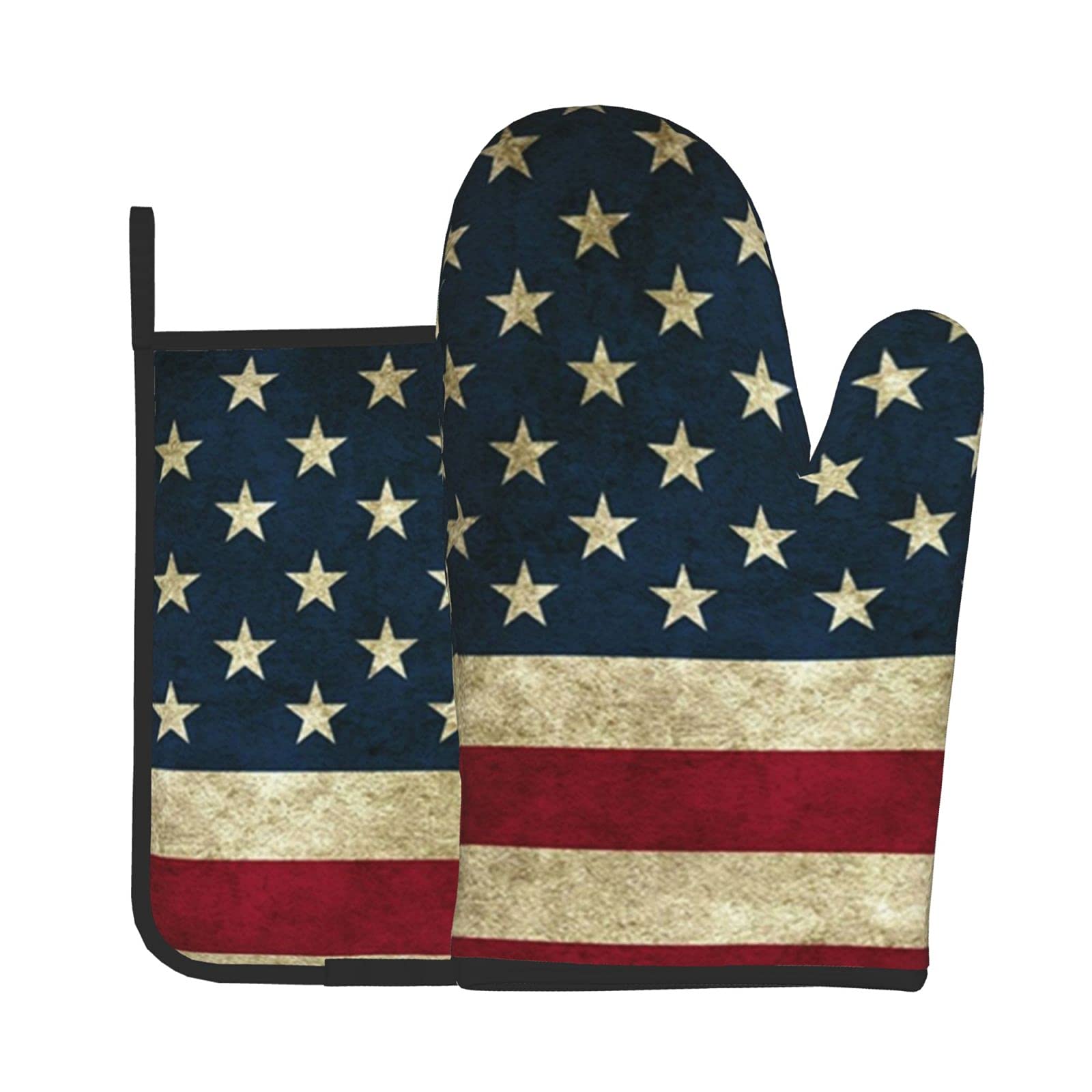 Hitamus Vintage American Flag Oven Mitts and Pot Holders Sets, Heat Resistant Kitchen Microwave Gloves Non-Slip Pot Pads for Grilling Baking Cooking BBQ (Set of 2)