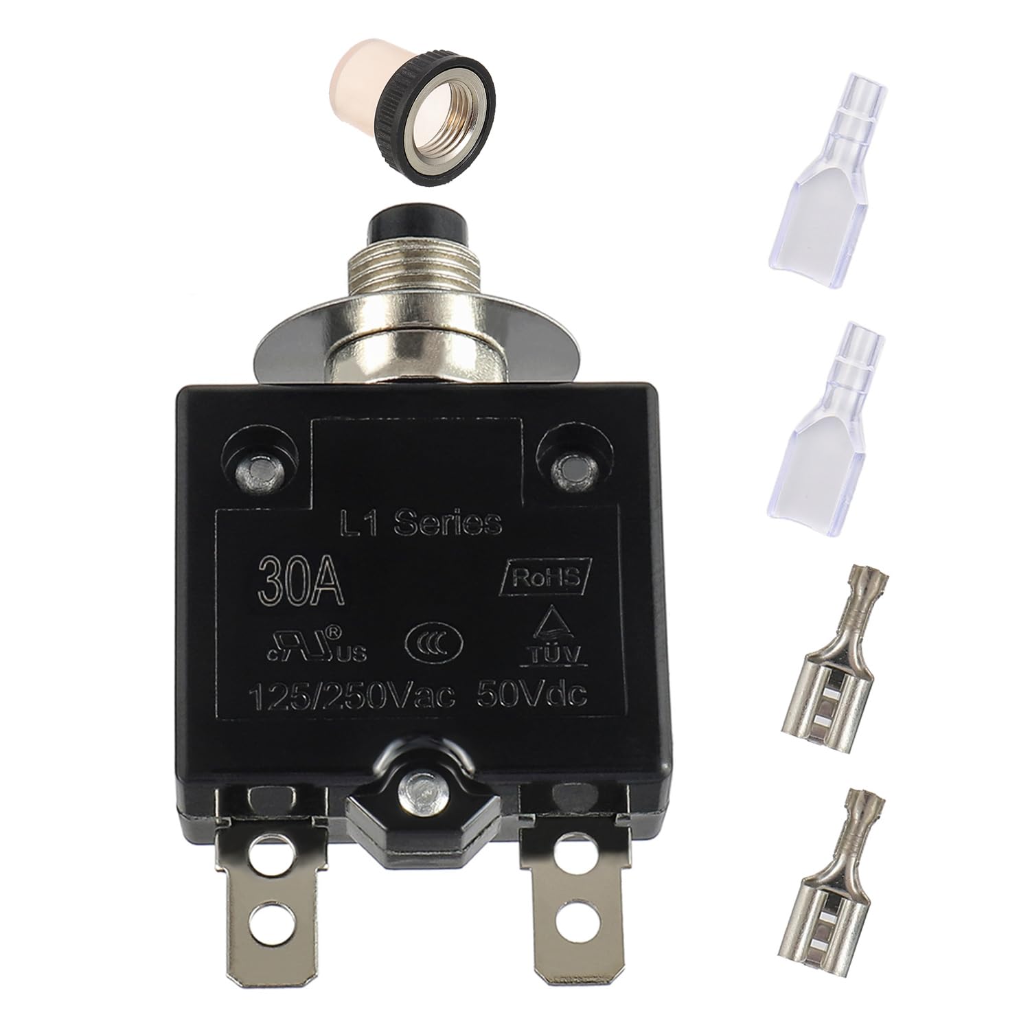 8A Manual Reset Push Button Circuit Breaker 125/250V AC 50V DC Thermal Overload Protector with Quick Connect Terminals and Waterproof Button Caps Assortment Kit(Pack of 2 pcs) — Amazon image 7