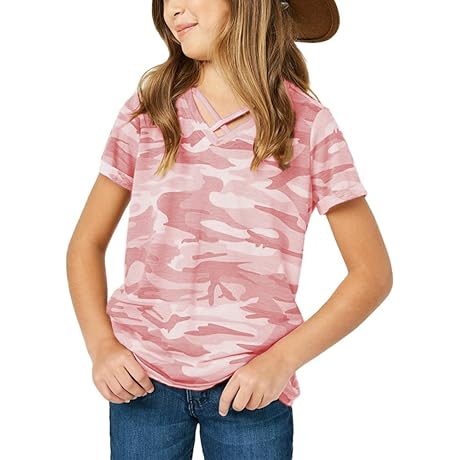 Girls Camouflage Stripe Short Sleeve V Neck Shirts