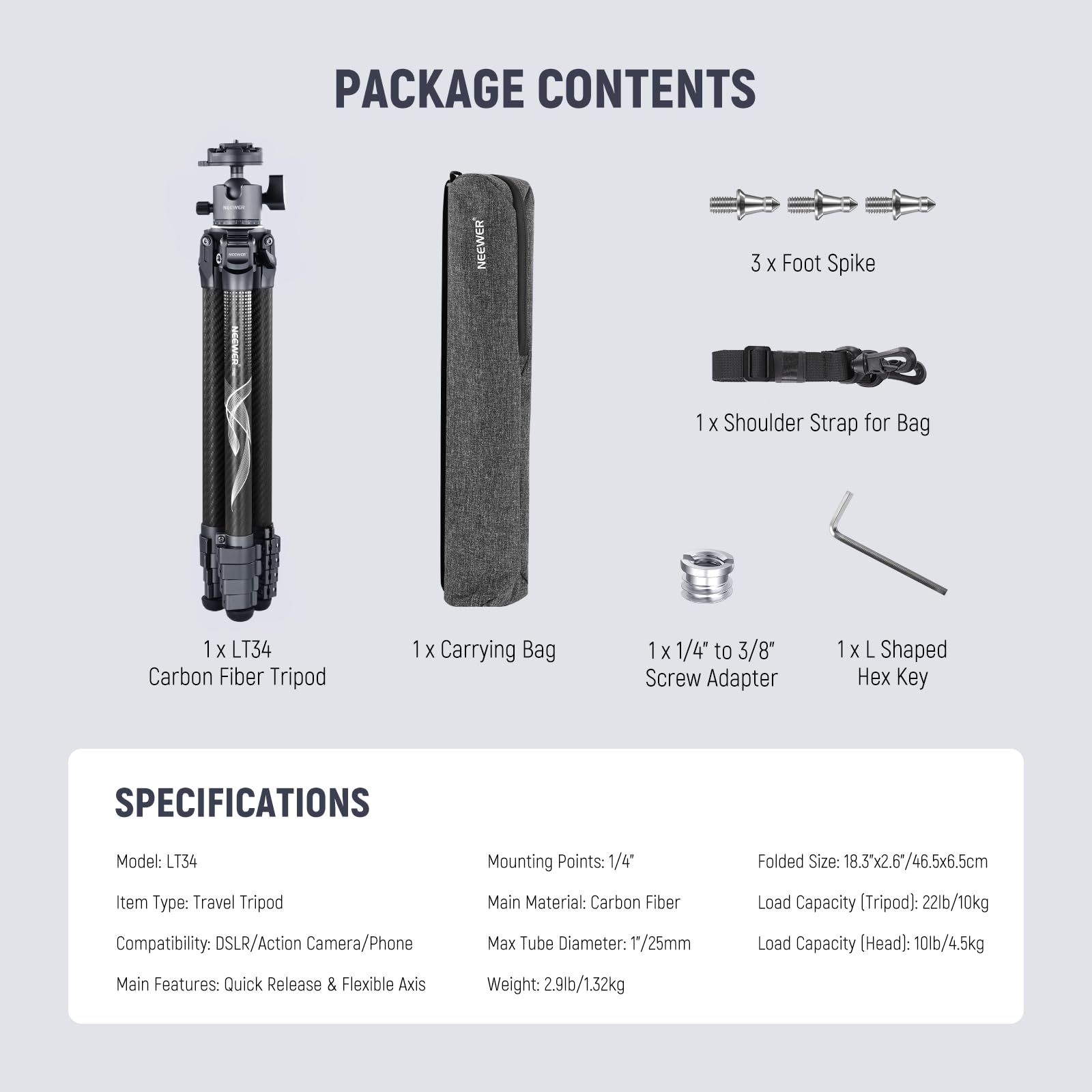 NEEWER LITETRIP 62" Trípode Viaje Cámara, Soporte Portátil Fibra Carbono con Nivelación ±15° Extraíble 360° Rótula Pan, Carga Máx 22lb/10kg, Placa Arca QR Compatible con Peak Design Capture V3, LT34