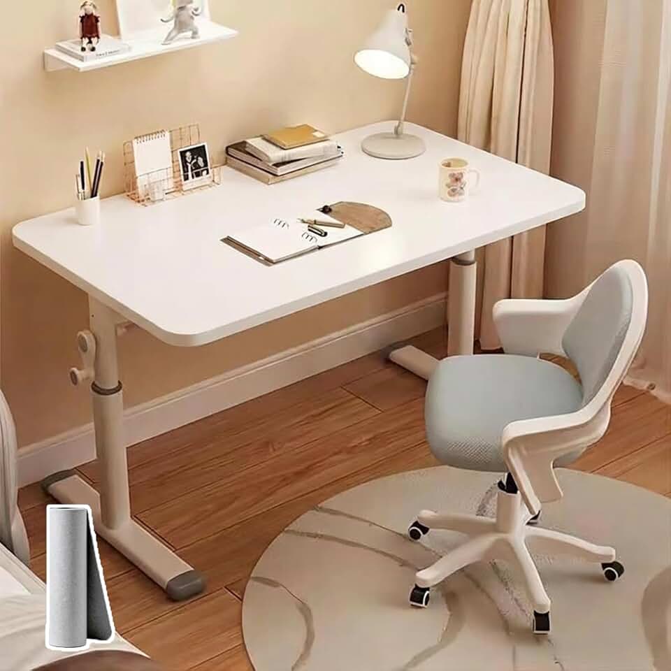 80 x 60 cm Mesa Elevatória Manual com Altura Ajustável de 63 a 90cm - Mesa para Estudo com Tapete para Mouse, Trabalho, Escritório e Lazer, Branco