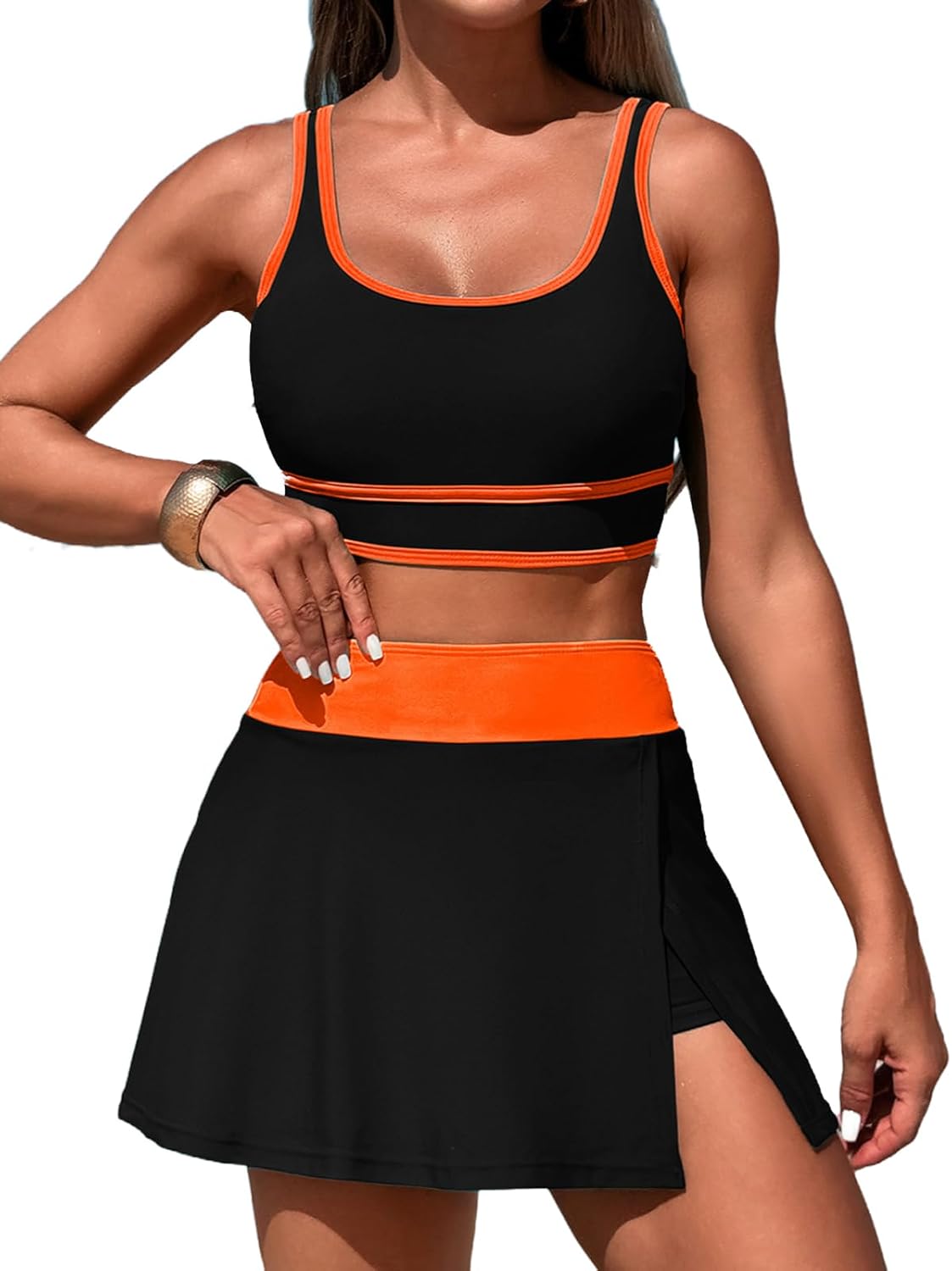 ZRTAK Women's High Waisted Bikini Sets Tummy Control Swim Skirt Two Piece Swim Suit Tummy Control Color Block Bathing Suit