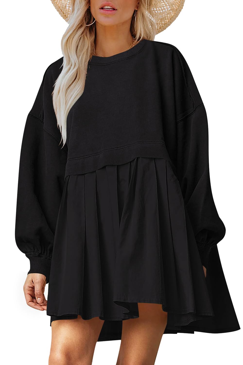 Dokuritu Robe sweat-shirt pour femme, col rond, manches longues, patchwork, haut fluide, surdimensionné, mini robe