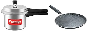 Prestige Popular Aluminium Pressure Cooker, 3 Litres, Silver & Omega Deluxe Granite Aluminium Dosa Tawa, 250 Mm (Black), 3 Liter