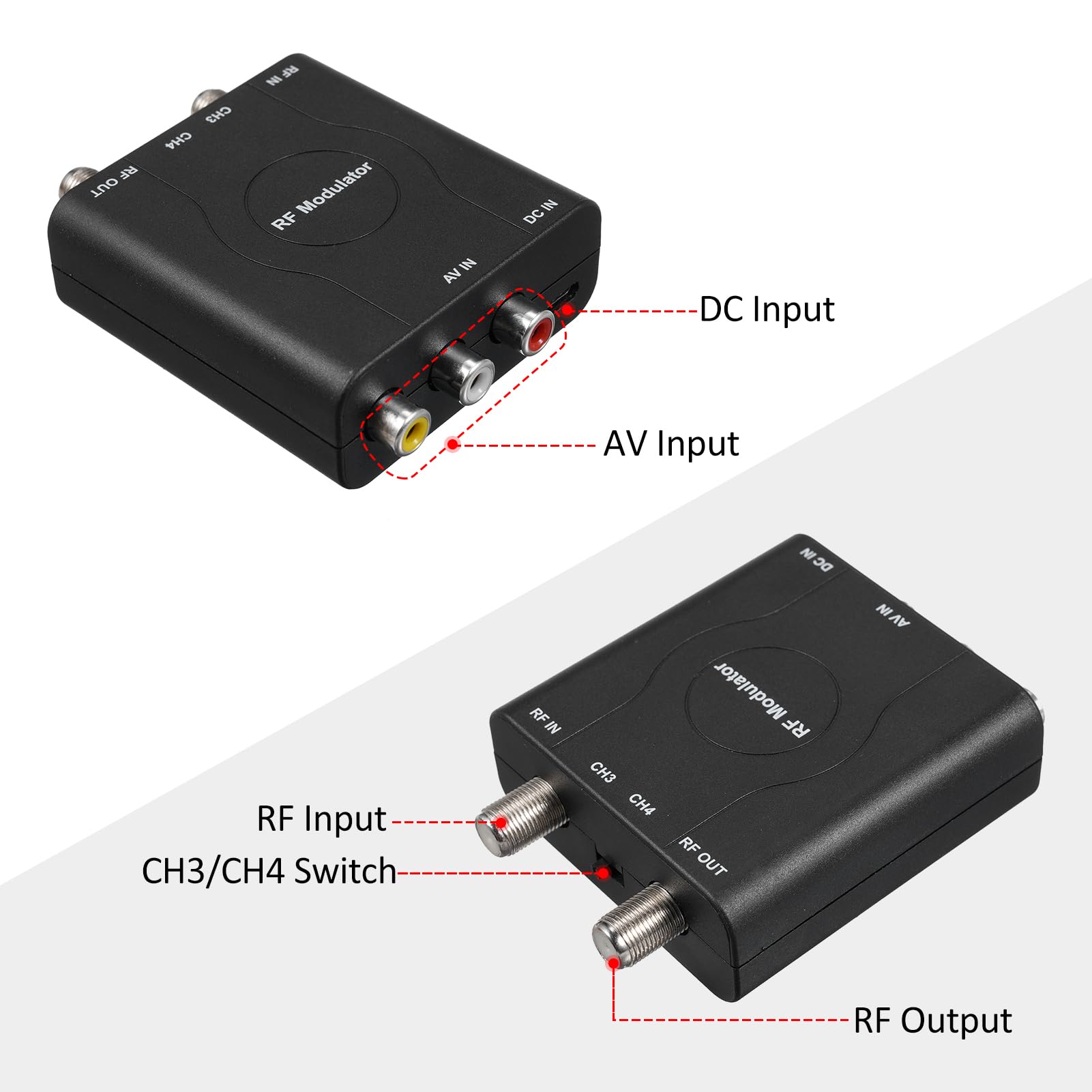 Modulatore RF,Modulatore RF Convertitore AV a RF Canali NTSC CH3/CH4 Adattatore Ingresso Video per TV con segnali analogici Convertitore demodulatore VHF HD Professionale per Sistema CATV