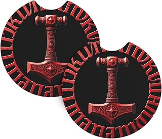 Viking Mjolnir Rune Wheel Norse Mythology The Hammer of The God Symbol 2-Pack Car Cup Coasters, Universal Neoprene Rubber Drink Holder Inserts for Truck, SUV, Van