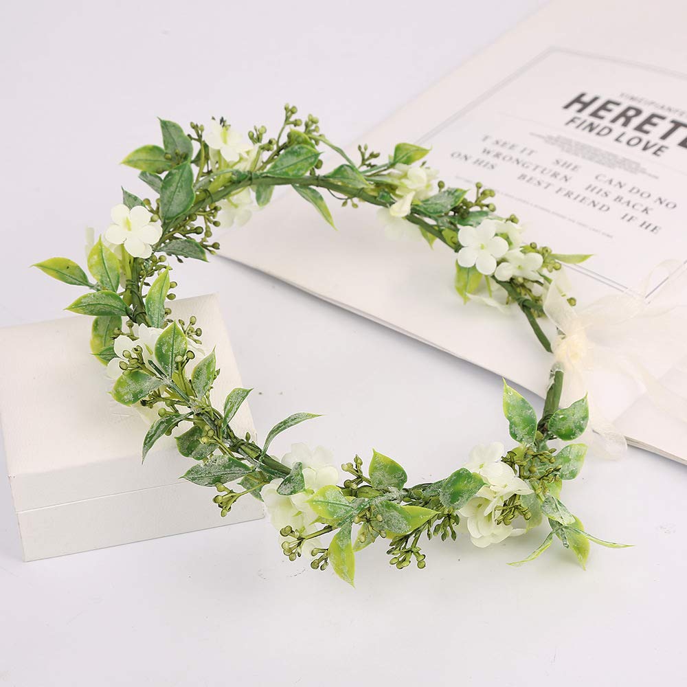 Eucalyptus Leaf Flower Crown Bohemian Bridal Flower Crown Headband Floral Hair Wreath with Sill Ribbon Wedding Boho Headpiece for Women Festival Photo Prop - Image 3