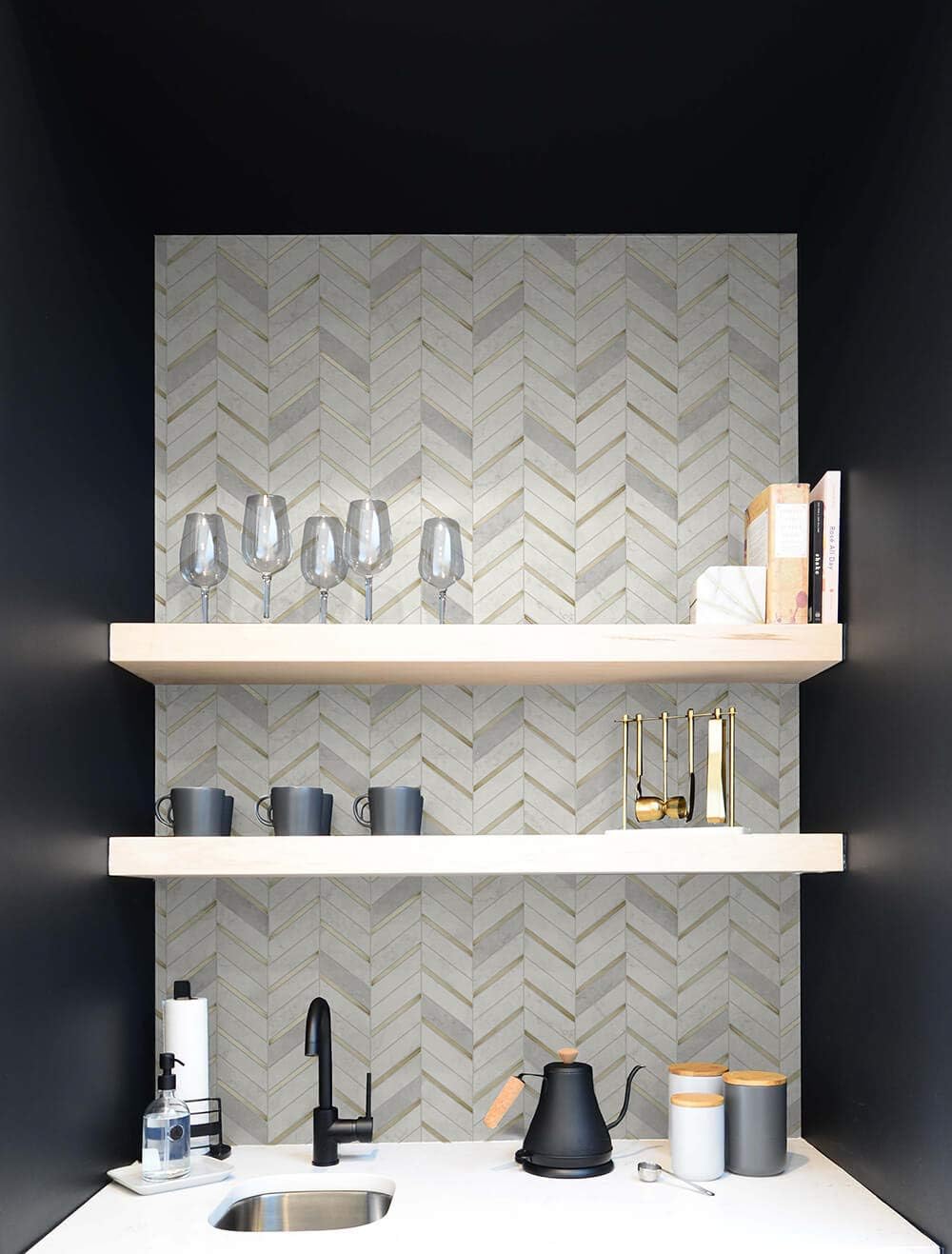 NextWall Faux Chevron Marble Tile Peel and Stick Wallpaper (Metallic Gold & Pearl Gray)