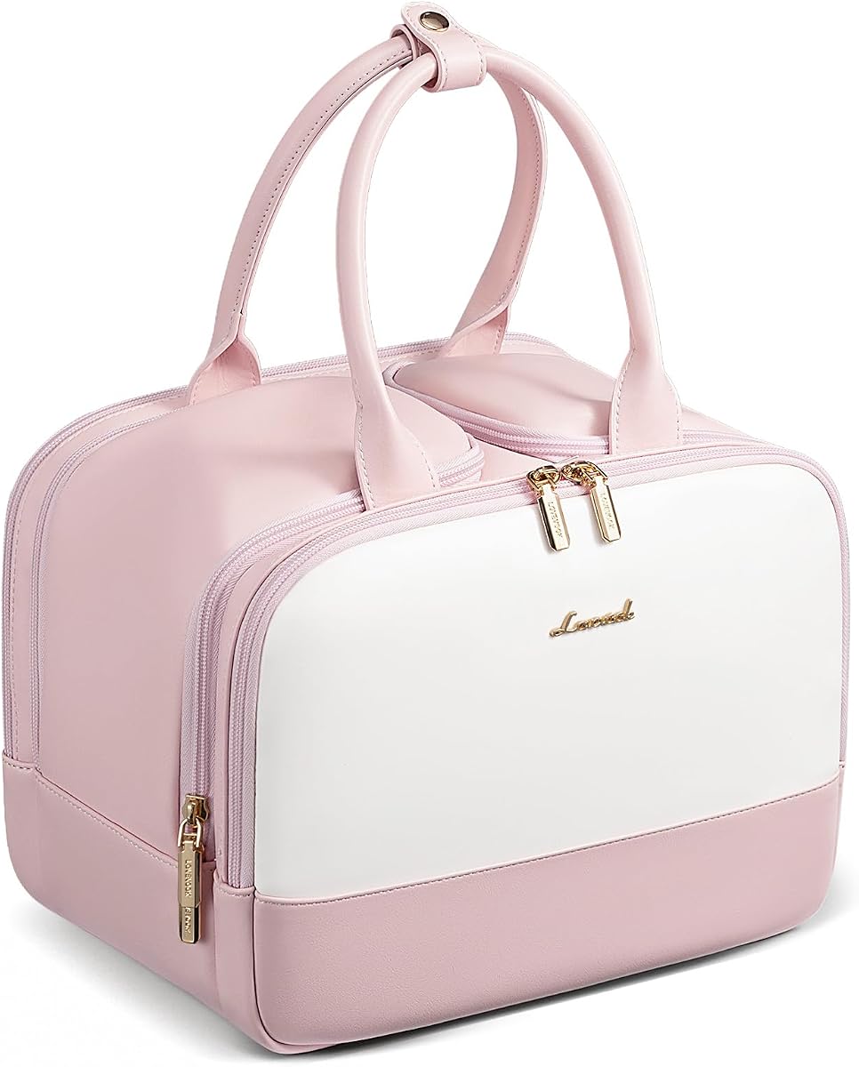 Travel Toiletry Bag for women, Leather Large Wide-open Makeup Bag, Waterproof Cosmetic Bag Organizer for Shower, Traveling, Toiletries, Bathroom