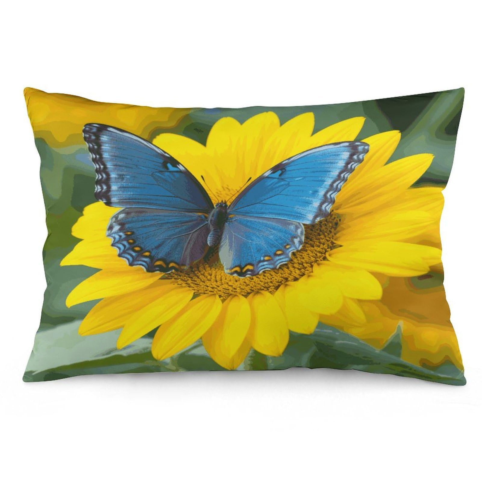 Sunflower Blue Butterfly Throw Pillow Covers with Silent Zipper Polyester Pillow Protectors Removable Pillow Cases Soft Pillowcase Cozy Pillow Sham Cushion Cover for Sofa Car Bed 16 "x24