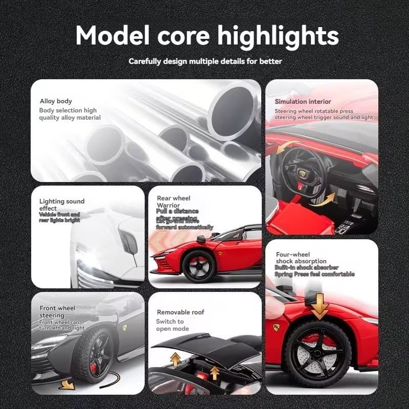 Image of WORSHIPER 1:22 Ferrari Daytona SP3 Diecast Model Car with Light & Sound, Openable Doors, Hood & Trunk, Removable Roof, Alloy Metal Sports Car Toy for Kids (1:22 Ferrari Daytona SP3-White)