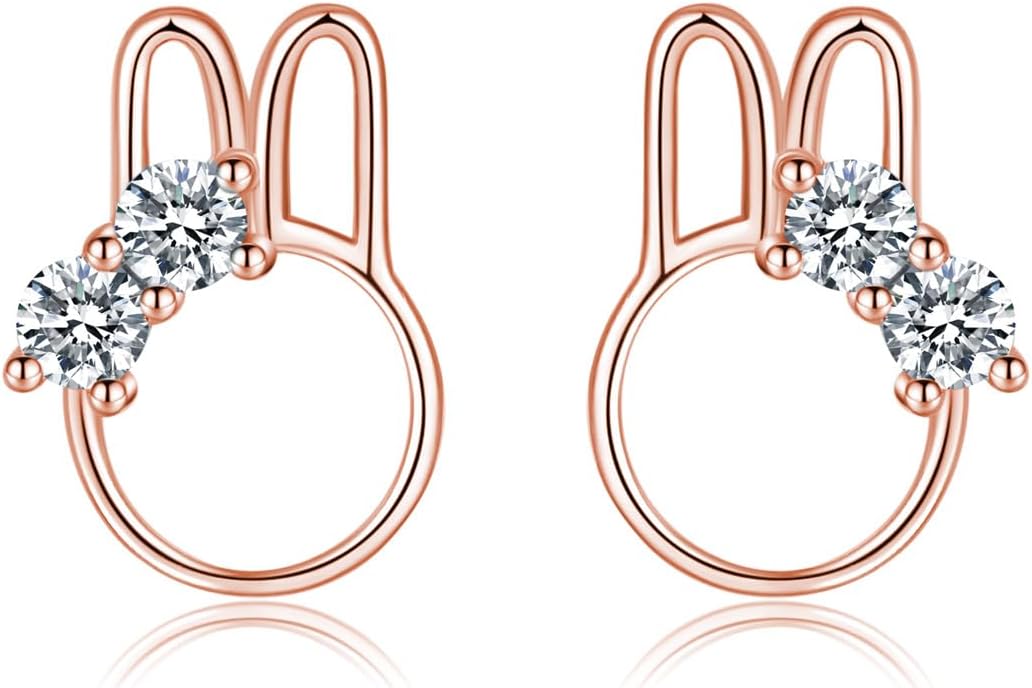 Reffeer Solid 925 Sterling Silver Easter Rabbit Earrings Studs for Women Teens CZ Bunny Stud Earrings