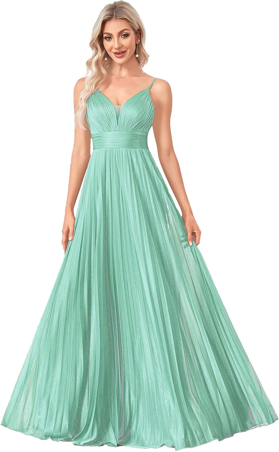 Sexy Backless Maxi Formal Dress for Women with Sequin, Sleeveless Pleated Evening Gowns for Wedding and Cocktail