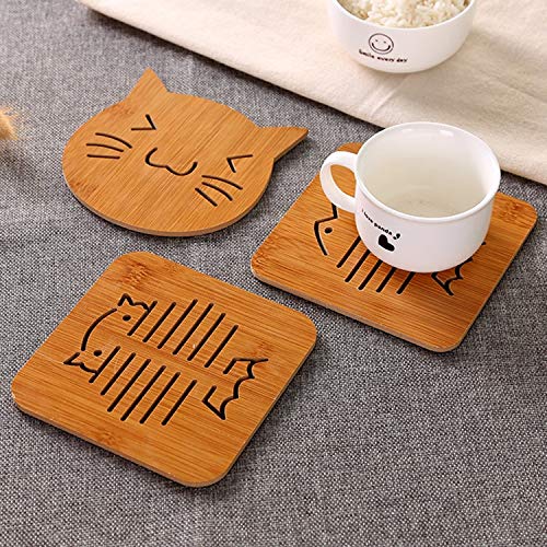 Naidev Cartoon Pattern Solid Wood Coaster Set Antiscalding Heat Insulation Pad Wooden Table Mat Non-Slip Kitchen Coasters- 6Pcs Hot Pan Pads (Random Pattern) 3