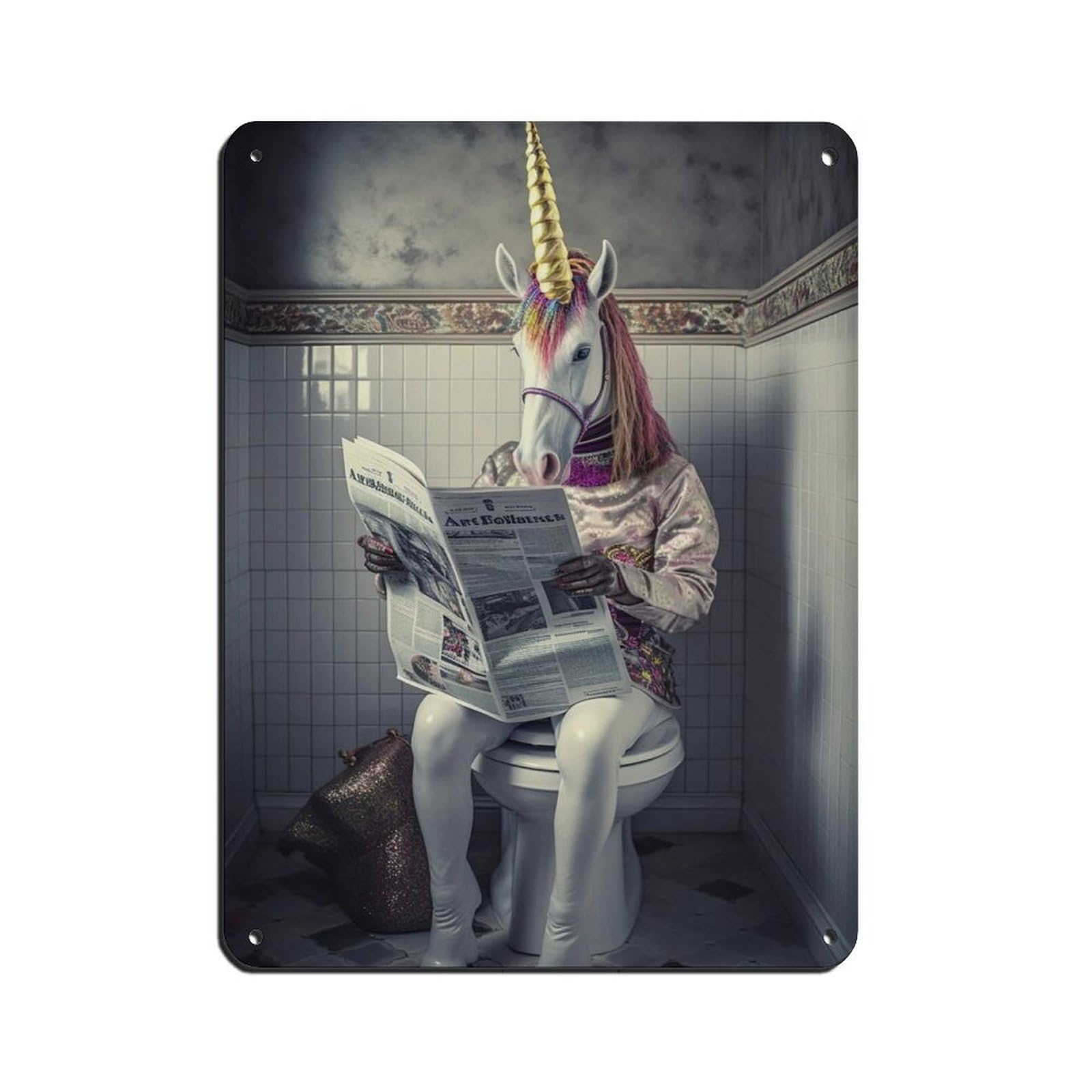 Lxwnze 30L X 40W Cm Unicorn Sitting On The Toilet Reading A Newspaper (2) Tin Sign Vintage Metal Pub Club Cafe Bar Home Wall Art Decoration Poster Retro 12X16inch(30X40cm)