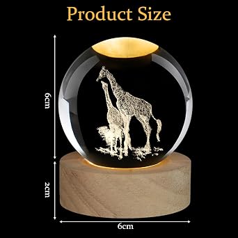 Giraffe Crystal Ball, 3D Crystal Ball, Decor Glass Ball Wooden Base with Light, USB Interface with Power Switch, Crystal Ball Ornaments for Home Decor, Tabletop, Birthday Gift, Anniversary