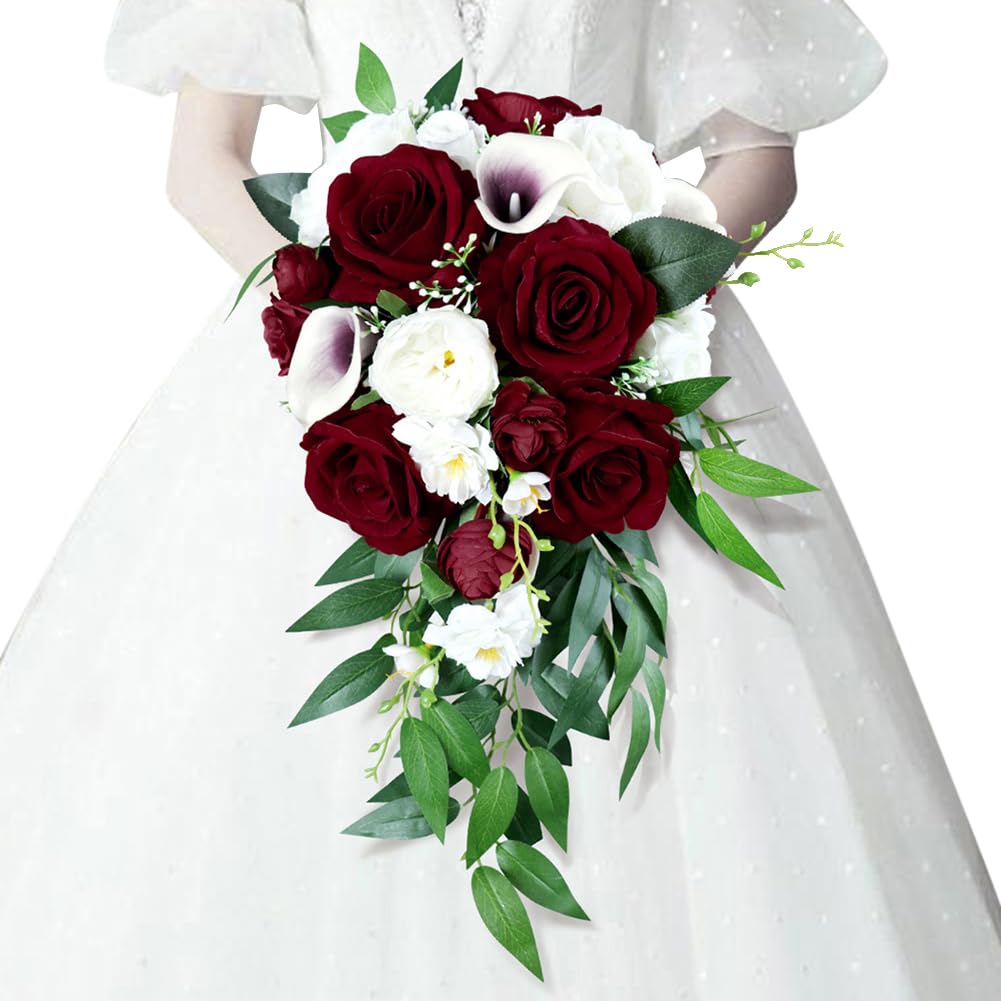 Uposao Bridal Bouquet, Teardrop Romantic Artificial Rose Bouquet, Bride and Bridesmaid Holding Bouquets Long Bouquet for Birthday Wedding Centerpiece Accessories