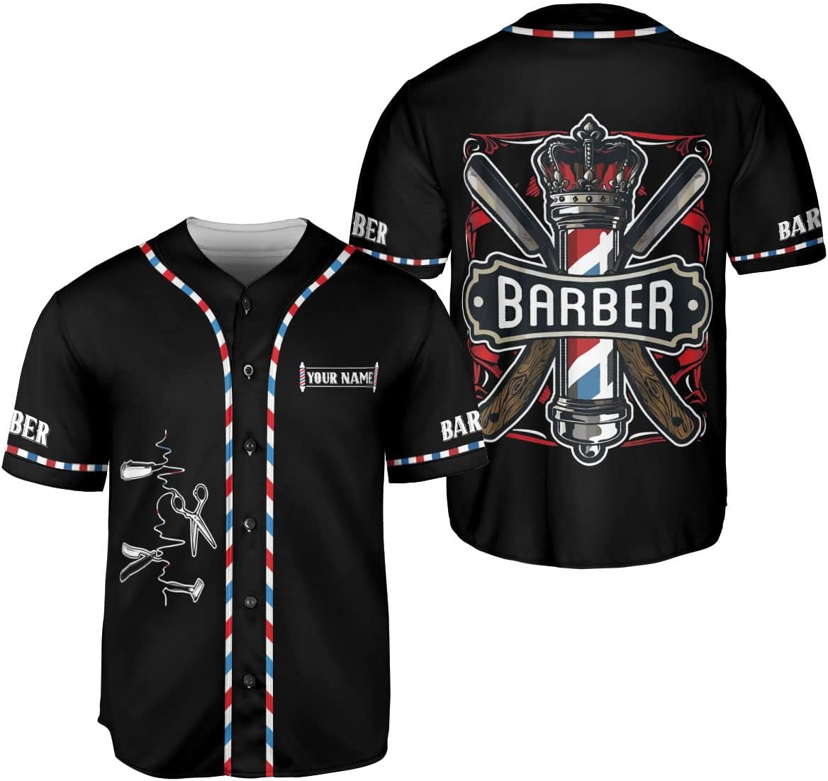Leeprints Personalized Baber Shop Baseball Jersey, Hairdresser Baseball Jersey Barber Life Pole Scissors Barber Blade