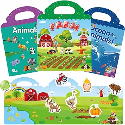Sticker Books for Kids 2-4, Reusable Sticker Books for Toddlers 1-3 Farm, Ocean and Animals Theme Activity Books Stickers for Girls Boys Preschool Education Learning Toys Birthday Gift Cover