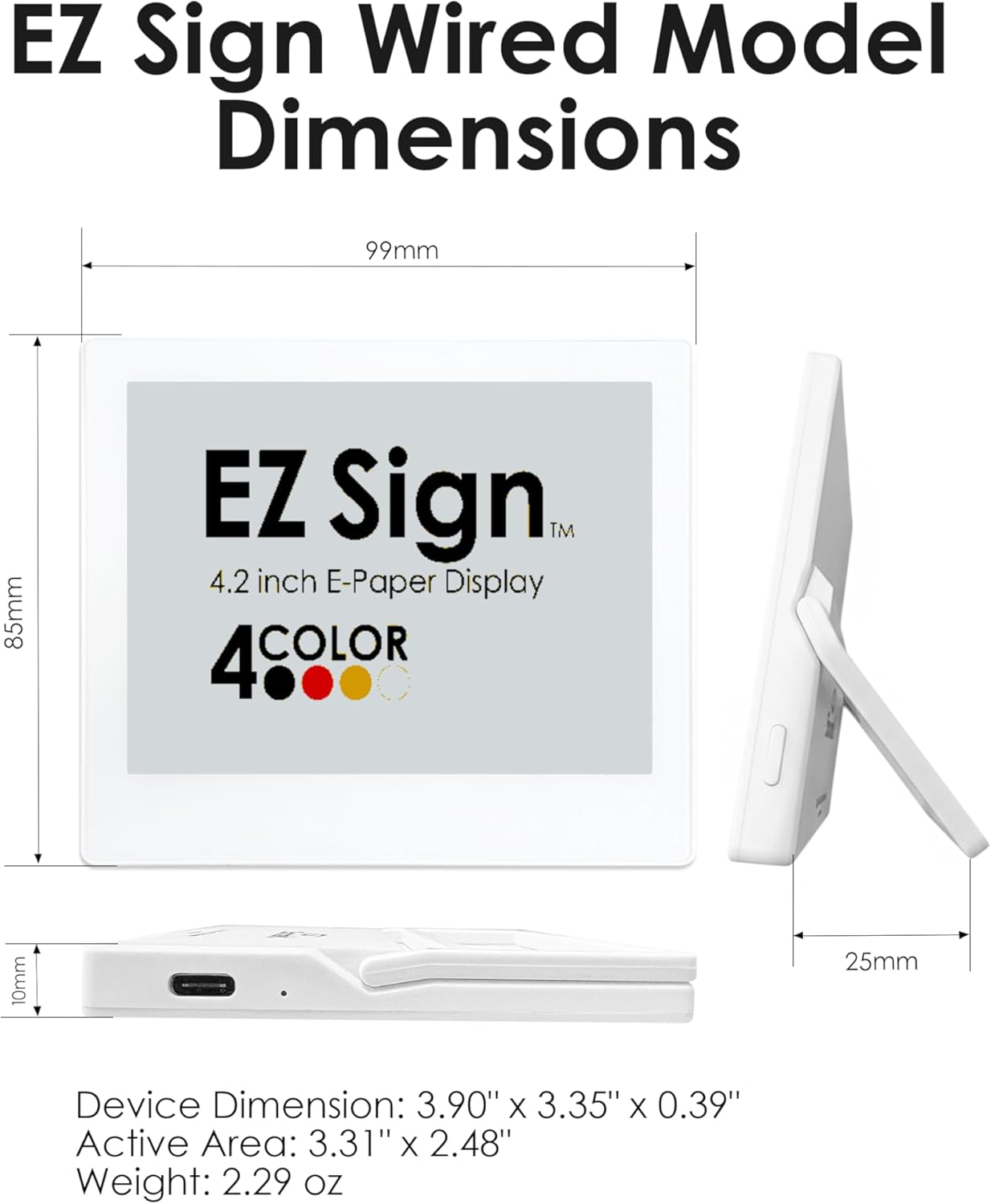 Santek EZ Sign | 4.2" 4-Color Wired E-Paper Display (USB Cable + Windows App) with Kickstand – Rewritable & Customizable Standing Sign for Office, Retail, Reception, Airbnb, QR Code & WiFi Display (White)