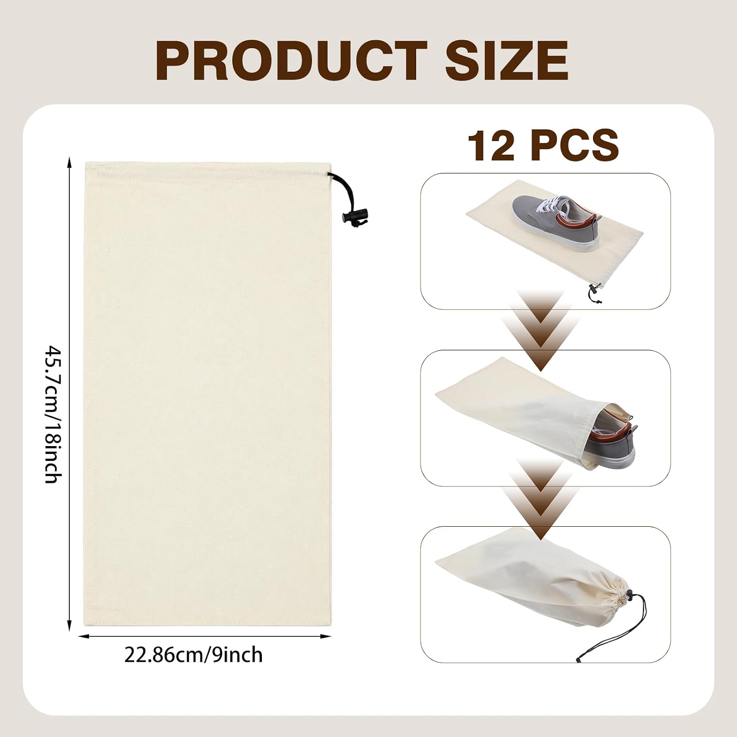 12 Pcs Dust Bags for Shoes Travel, 18x9 Inch Shoe Travel Bags for Suitcase, Single Shoe Pouch Storage Organizer, Cotton Drawstring Bag for Sneakers Boots Handbags, Beige