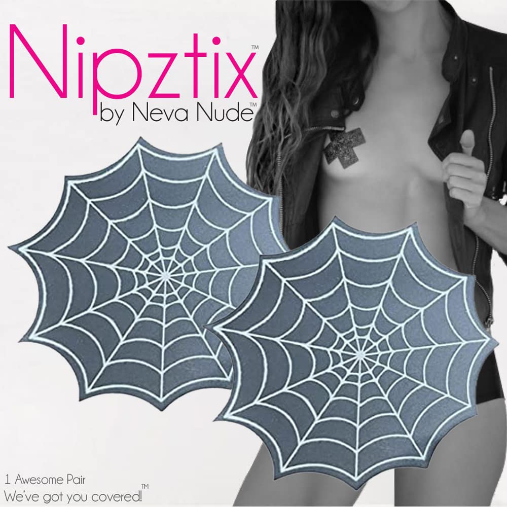 Neva Nude Halloween Nipztix Pasties - Nipple Covers for Festivals, Raves, & Lingerie, Medical Grade Adhesive, USA Made: Reflective Spider Web