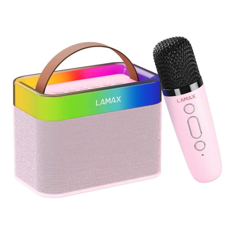 LAMAX KaraokeKid1 różowy, przenośny głośnik dziecięcy z trybem karaoke i mikrofonem do karaoke ze zmieniaczem głosu. Do słuchania i rozrywki, design dla dzieci, Bluetooth 5.3 (różowy)