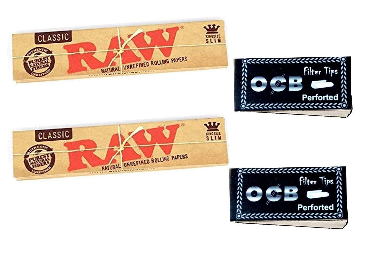 SKA OCB Raw Classic Rolling Papers (Pack of 2) with 2 OCB Filter Tip/Roach Books (Set of 4)