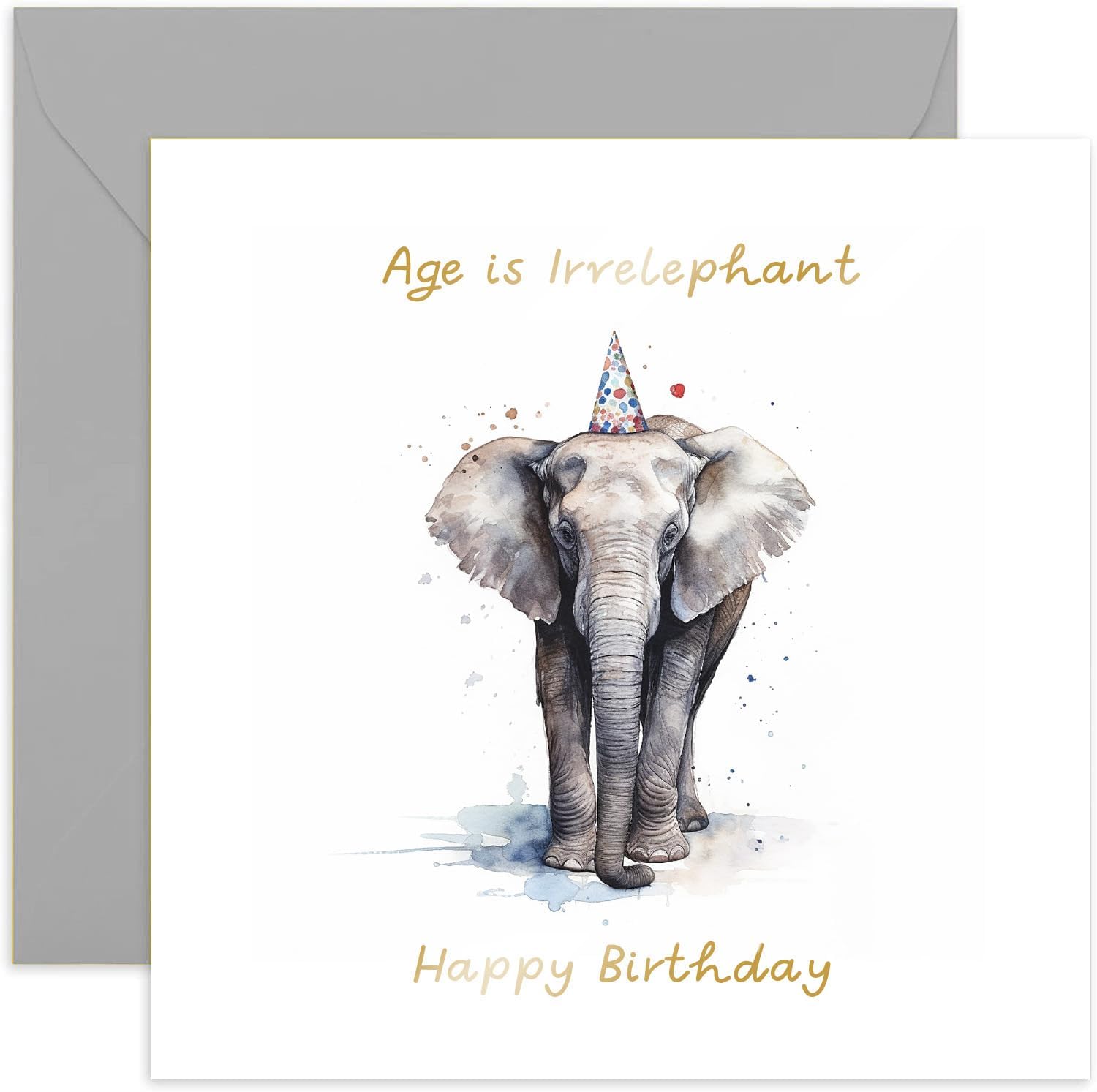 Old English Co. Age Is irrelephant Birthday Card for Her - Funny Elephant Party Hat Birthday Card for Mum, Dad, Nan - Gold Foil Birthday Card for