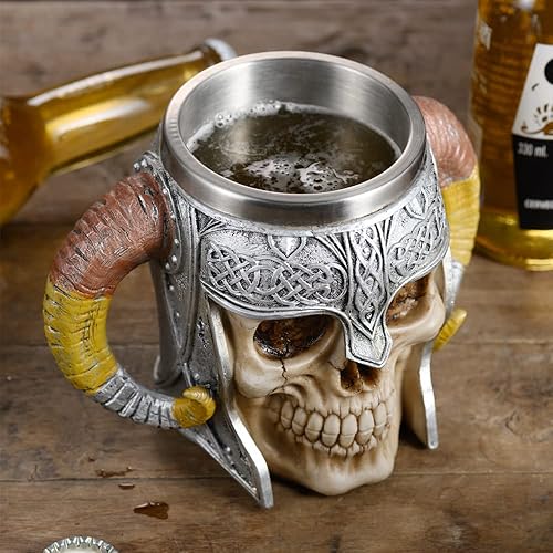 Miniatura 3 de Taza de cerveza con calavera vikinga, jarra de cerveza de acero inoxidable con doble asa, taza de café medieval, regalo medieval, taza de esqueleto
