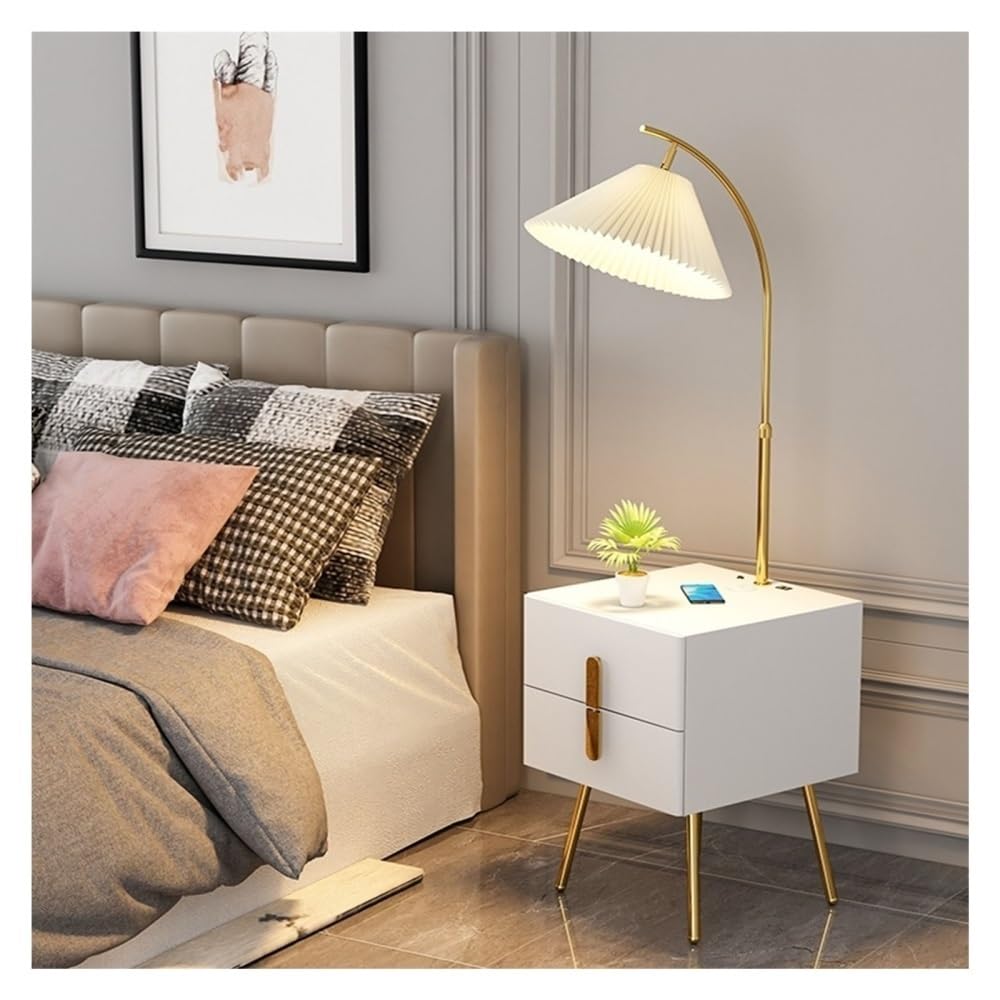 Jian1004 Floor Lamp, Mid Century Modern End Table with LED Floor Lamp & Drawer for Bedroom Living Room(White)