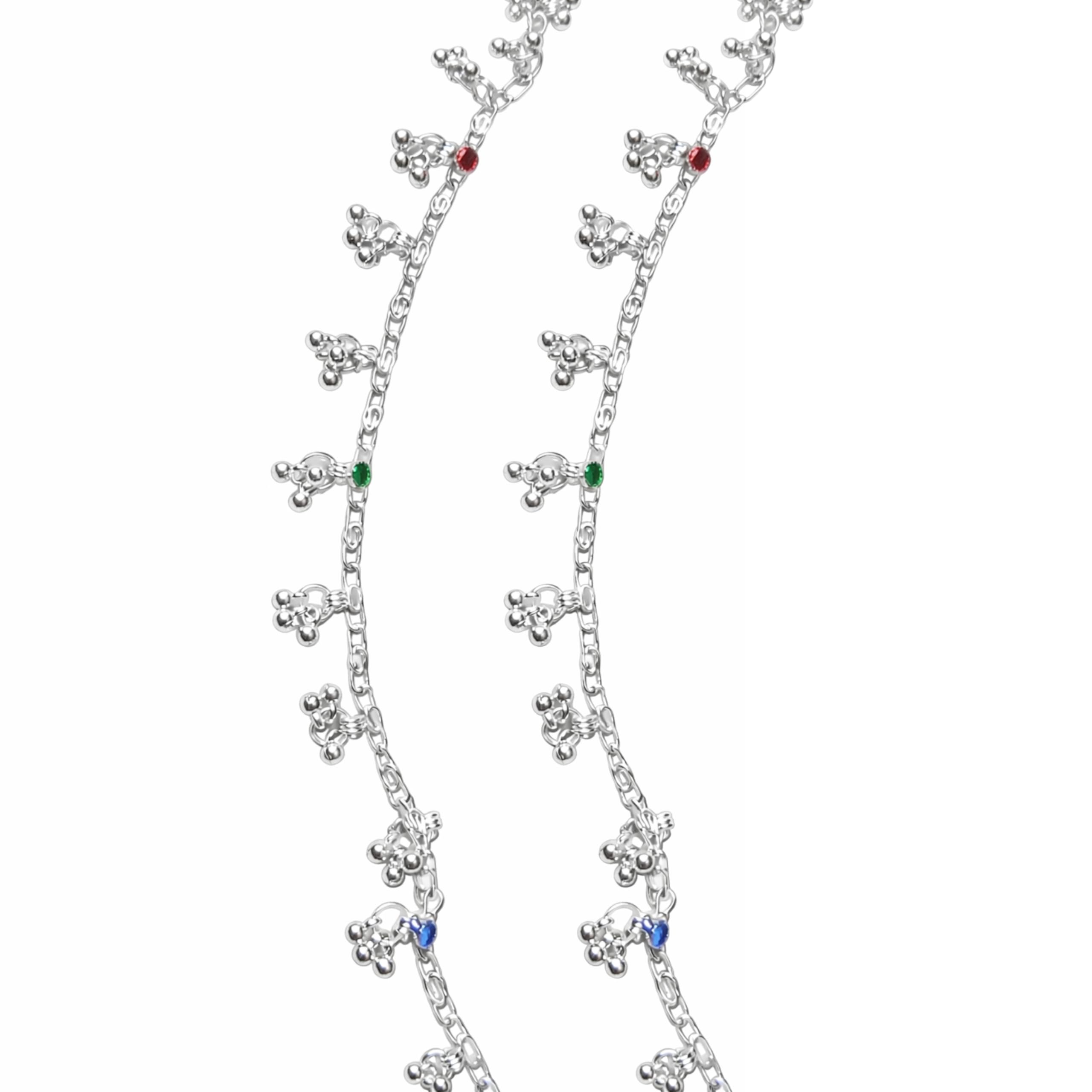 jha jewellers Traditional Silver Tone Anklet Pair with Multicolor Stone Charms, Double Chain Payal for Women, 23 cm-picture-45