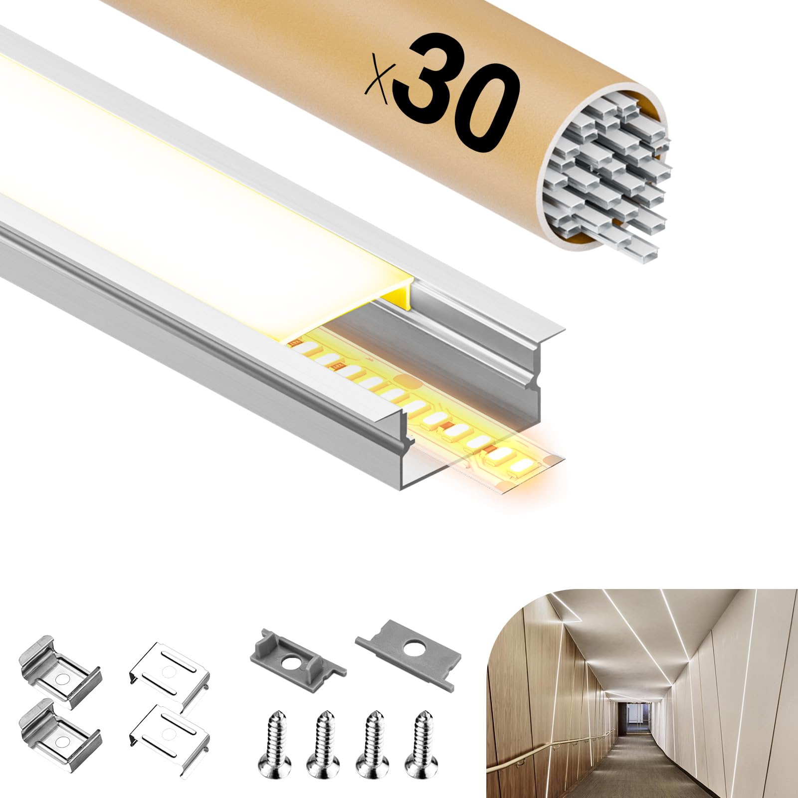 30 x profilo in alluminio per nastro Led 2 m (60 m) profilo led incasso profilo alluminio per led strip fino a 15 mm, con coperchio bianco crema, canale led e diffusore LED con punte -2000 x 36,7 x 10