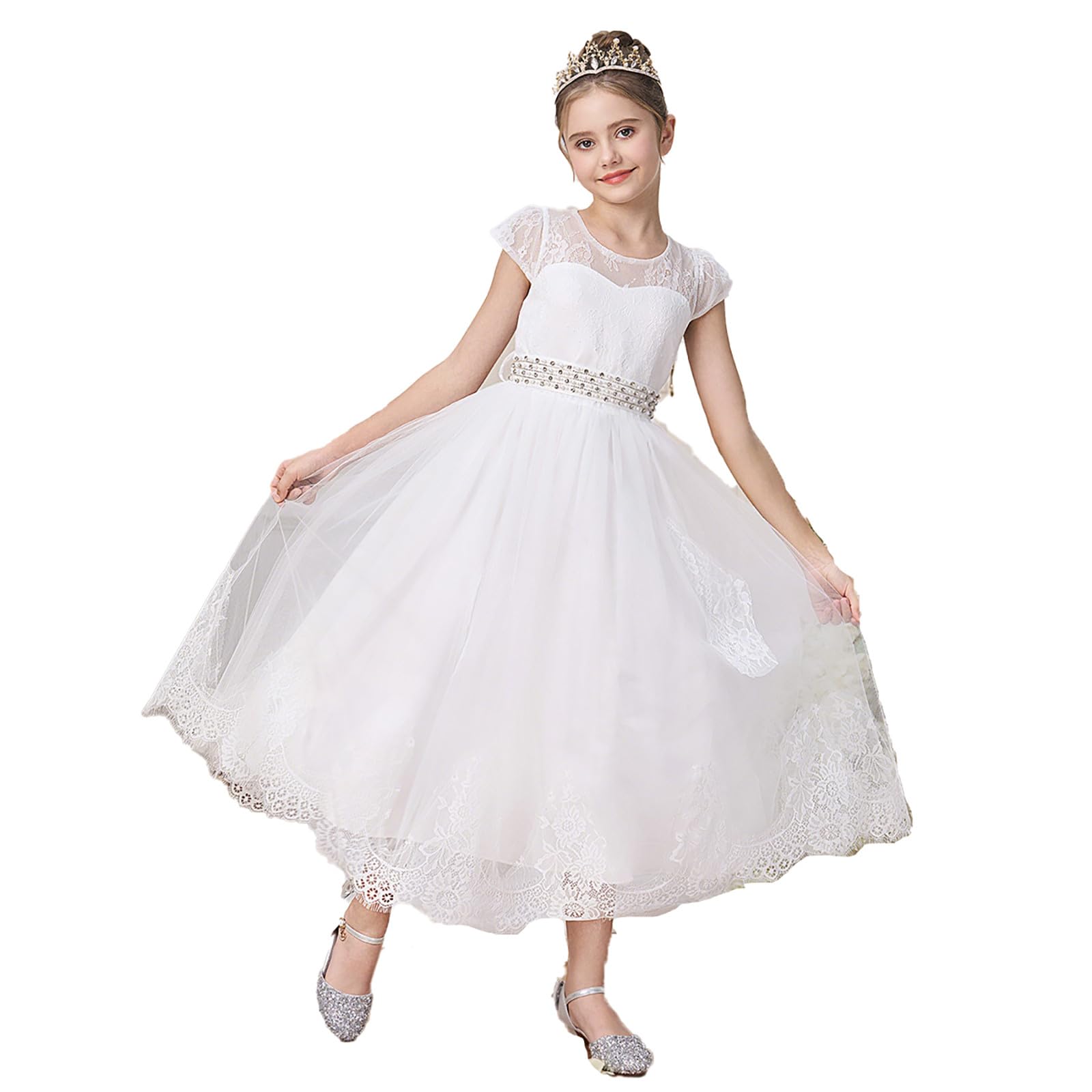 Prima Comunione Bambina 4-14 Anni in Misto Cotone con Maniche Corte e Gonna in Tulle Vestito Cerimonia Elegante Comunione Vestiti Abito Damigella Vestito Principessa per Festa, Spettacoli,