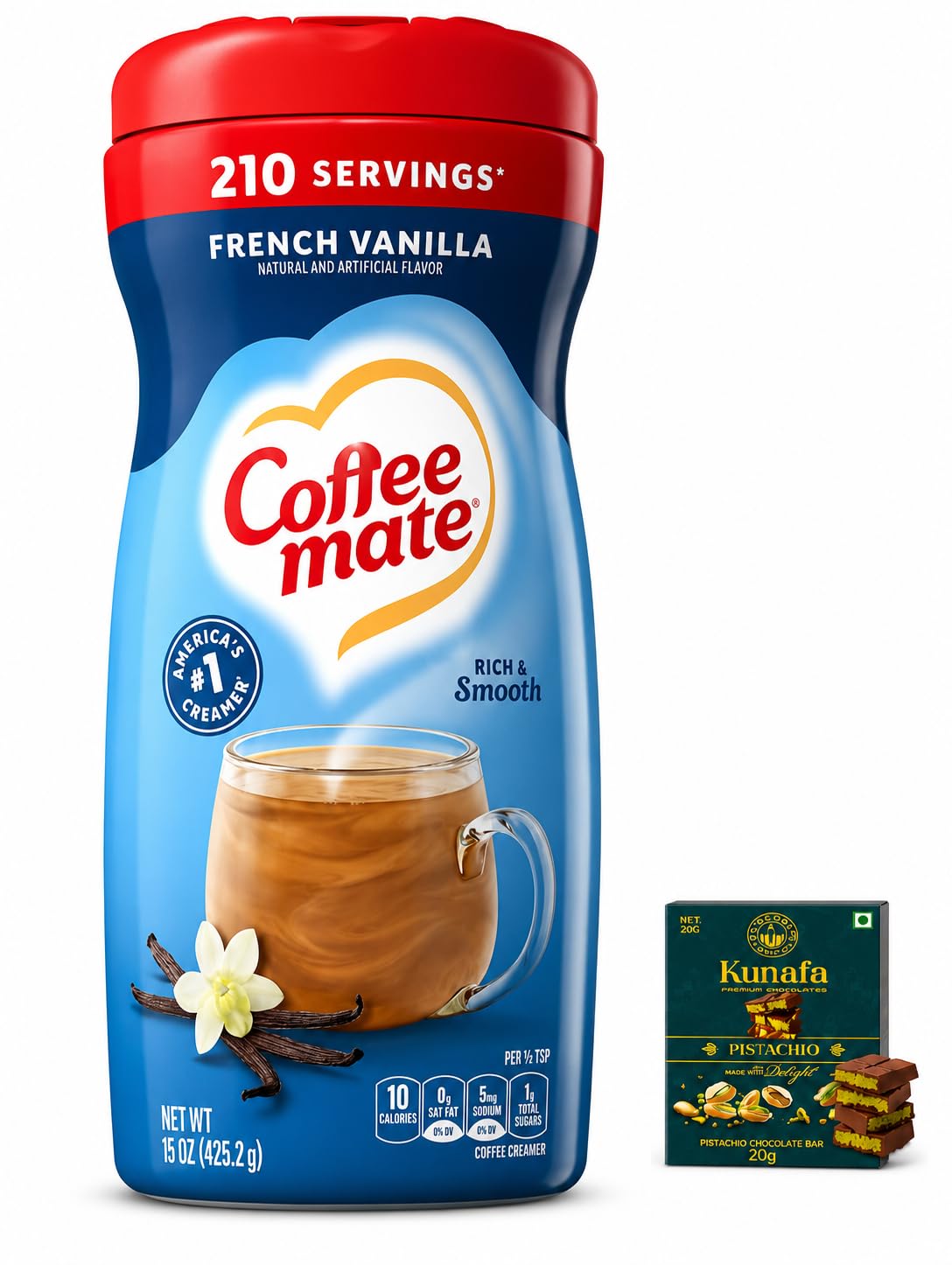 Coffee mate's French Vanilla Powder Coffee Creamer Rich & Smooth 425.2g With FREE Flavourito Kunafa Chocolate 20g By Decadent Foods-image-14