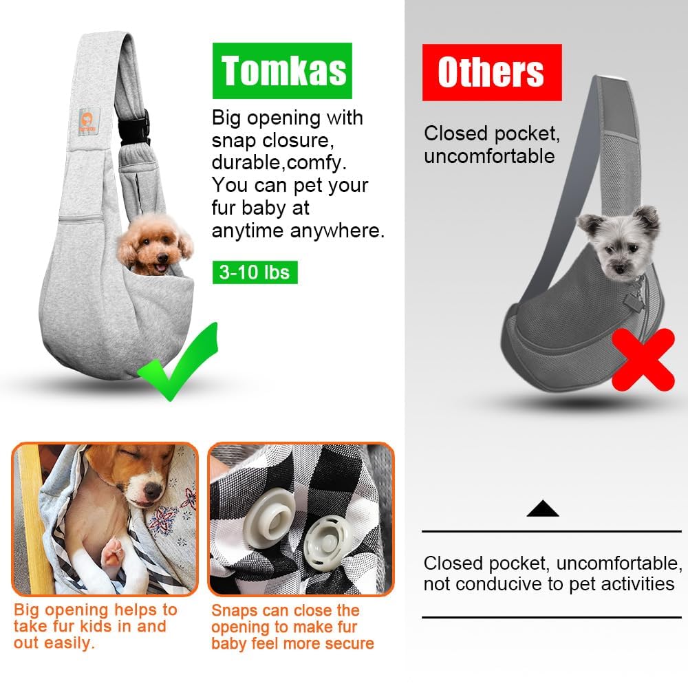 Tomkas Dog Carrier Sling - Pet Carrier for Small Dogs and Cats, Adjustable Strap, Zip Pocket, Snap Closure (Grey, M - Adjustable Strap EU)