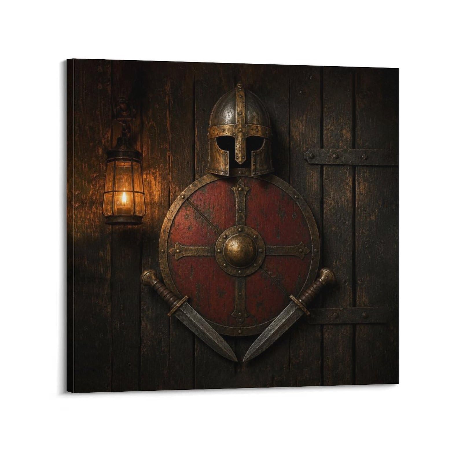 XKUGA Dark Wood Tavern Shield Medieval Knight Poster Relic Armor Modern Decorative Canvas Prints - Ideal Wall Art for Family, Man Cave, Game Room, Boys & Girls Bedroom 12x12inch(30x30cm)