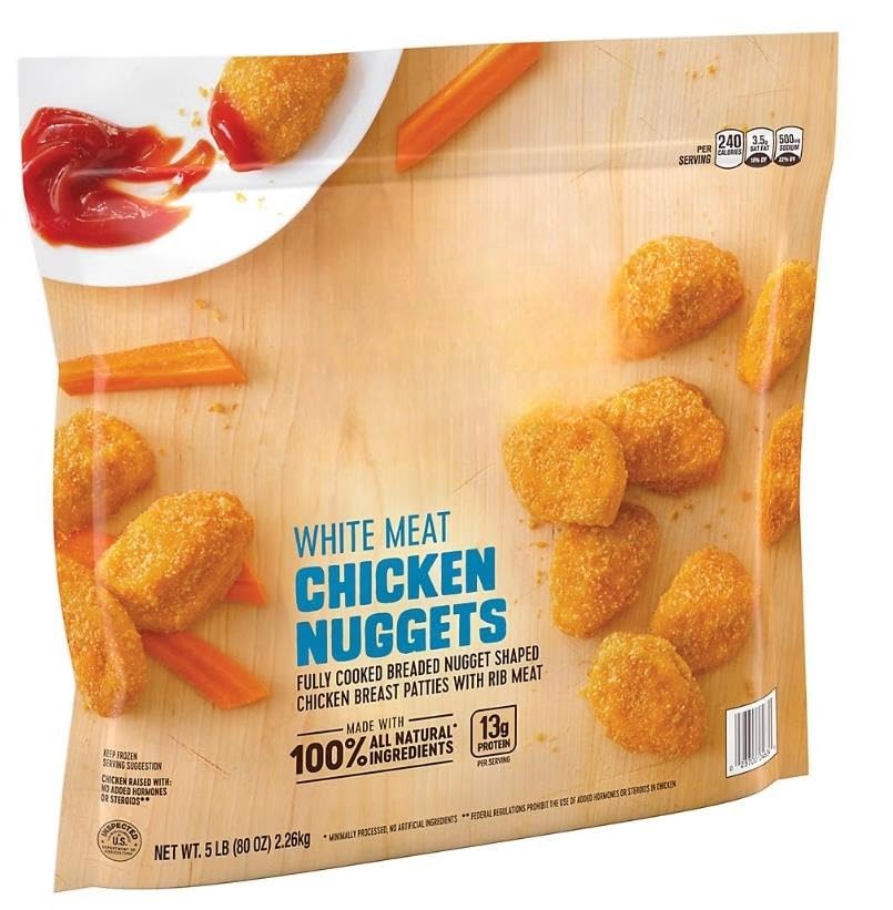 Frozen All Natural White Meat Chicken Nuggets , These chicken nuggets are made with all natural white meat chicken with no artificial ingredients, then breaded and seasoned to perfection. With 12 grams of protein and 0 grams of trans fat per serving, these chicken nuggets are sure to be a hit with the entire family. Fully cooked and ready-to-eat, simply prepare in an oven or microwave and serve with ketchup for a protein-packed lunch. [ 80 oz , 5 lb ]