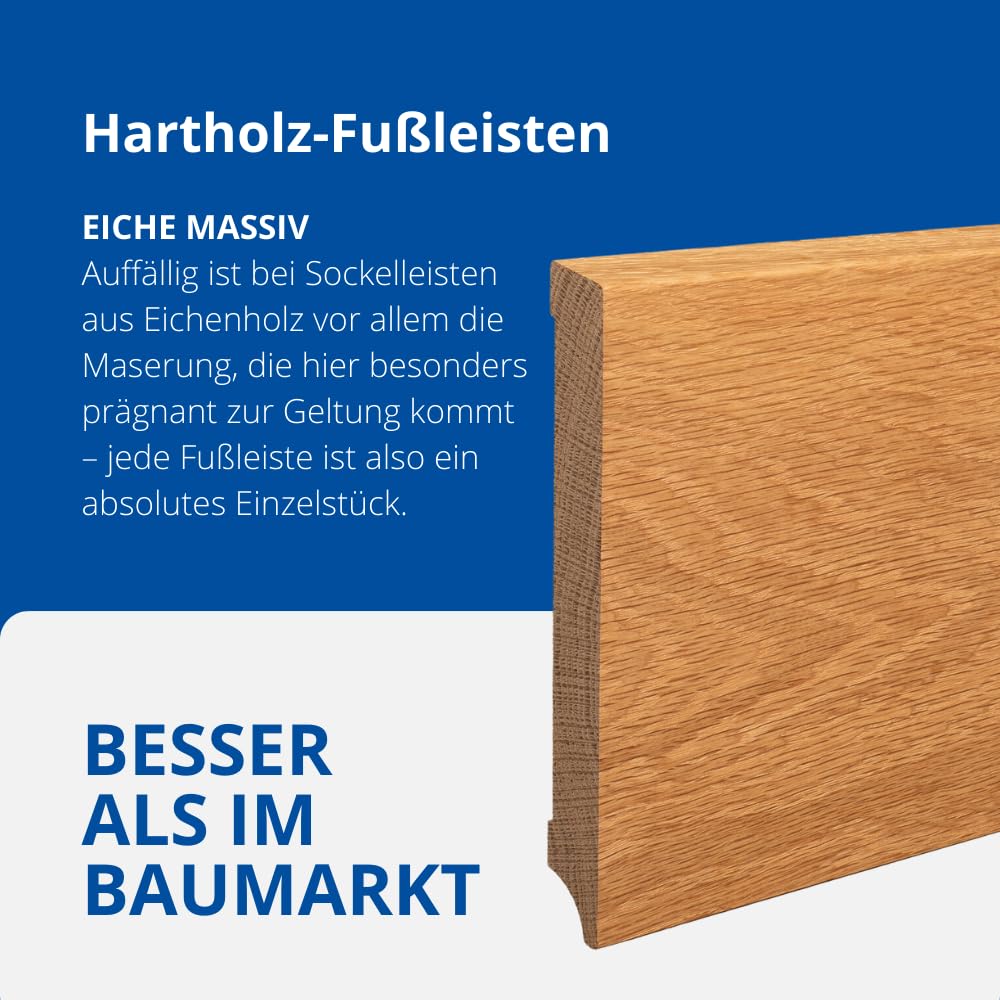 REESE | MASSIVHOLZ Sockelleiste | Leipziger Profil | Eiche LACKIERT | Oben Abgeschrägt | 150mm Höhe, 15 Stück / 34,5lfm