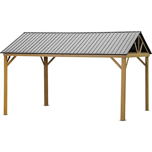 Hardtop Gazebo, 12x14 ft, Wood-Look Aluminum Frame with Galvanized Steel Roof, Yellow-Brown, for Patio Deck Backyard (Yellow Brown, 12'X14' (Wood-Looking) - Gable Roof)