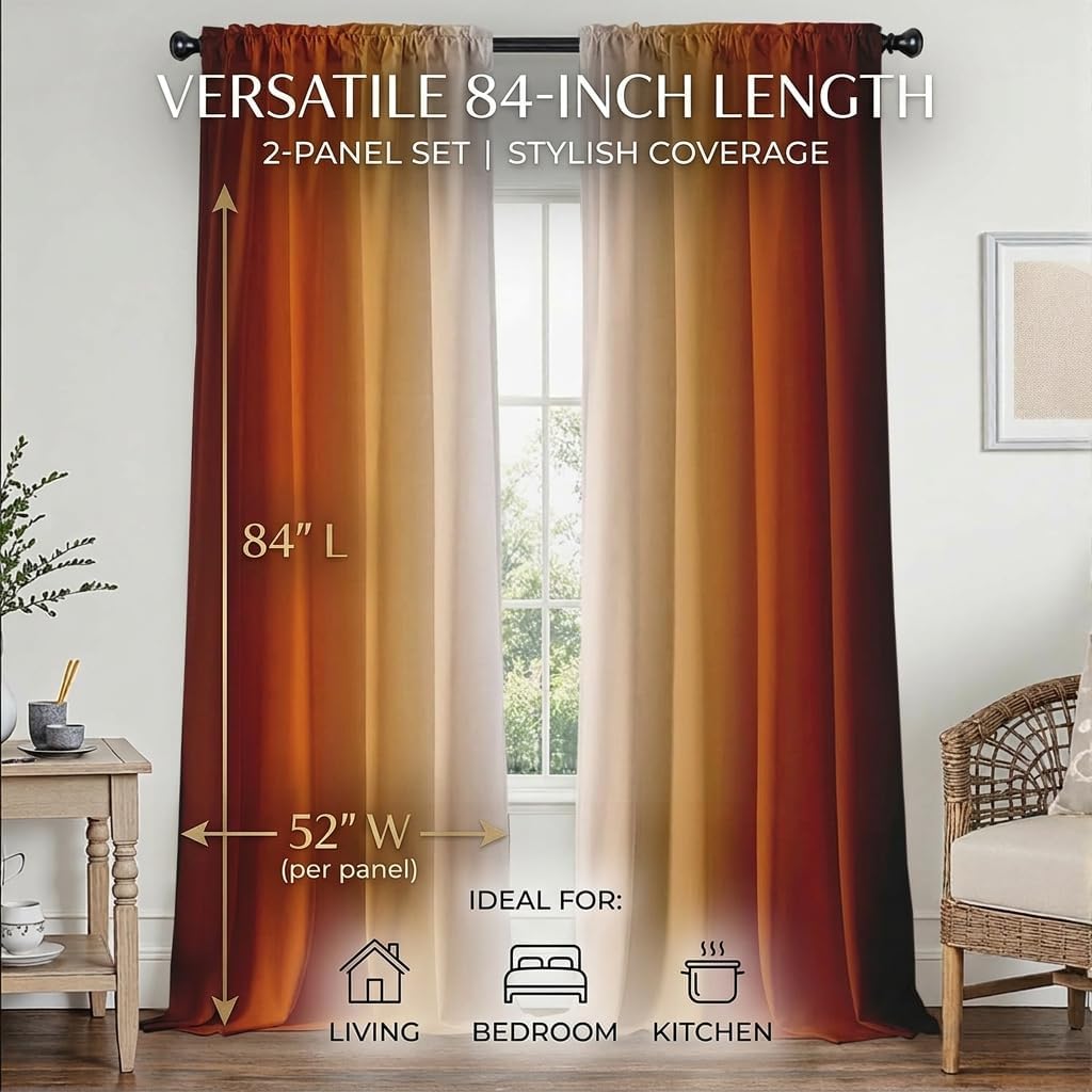 Burnt Orange Curtains 84 Inch Length for Living Room 2 Panel Set Burnt Orange and Terracotta Window Curtain Rust Orange Ombre Gradient Light Filtering Curtains Modern Abstract Drapes